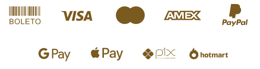Formas de pagamento: boleto, cartões, PayPal, Google Pay, Apple Pay, Pix e Hotmart.